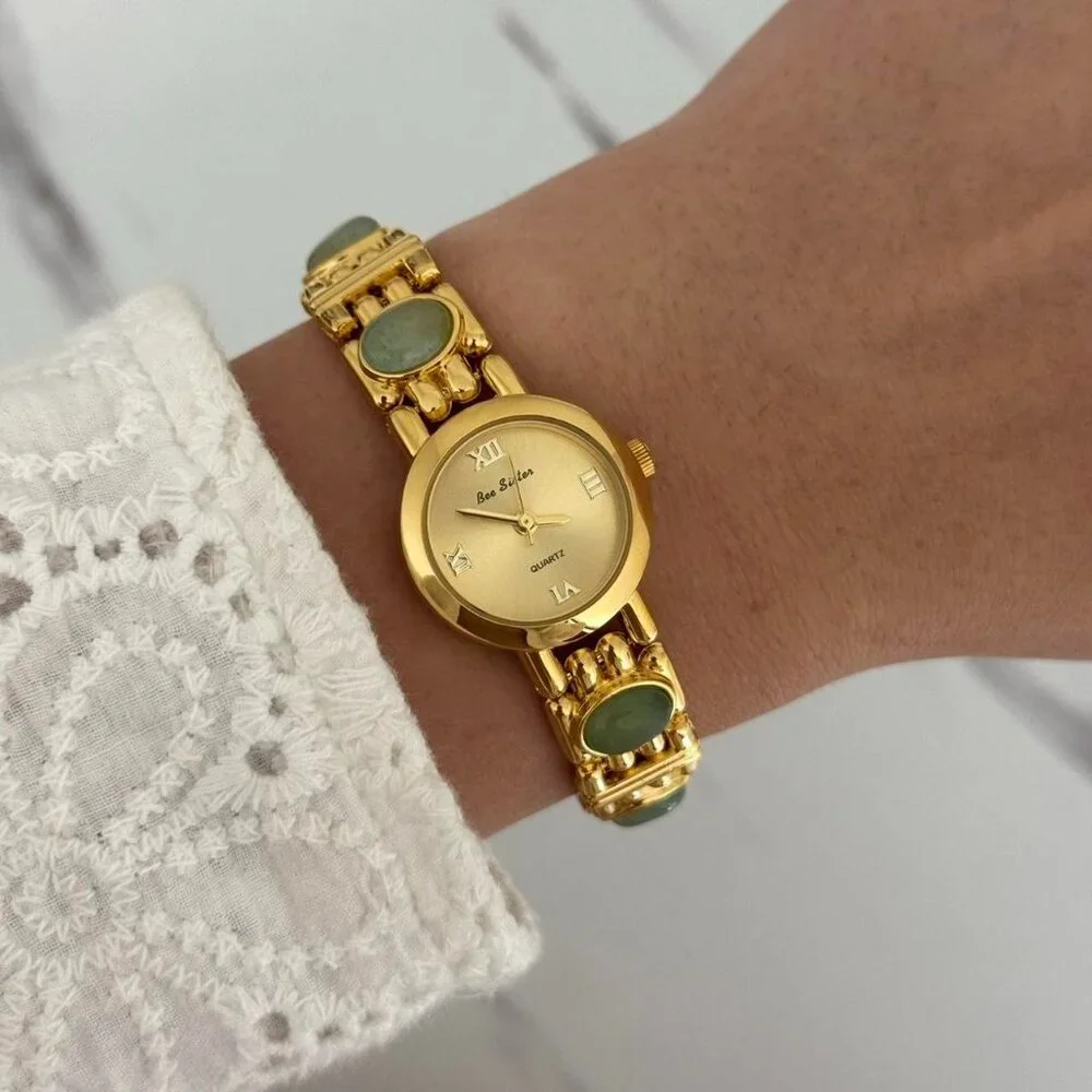 SKU0116 Gold Women Watch with green natural stones Stainless steel+in a gift box